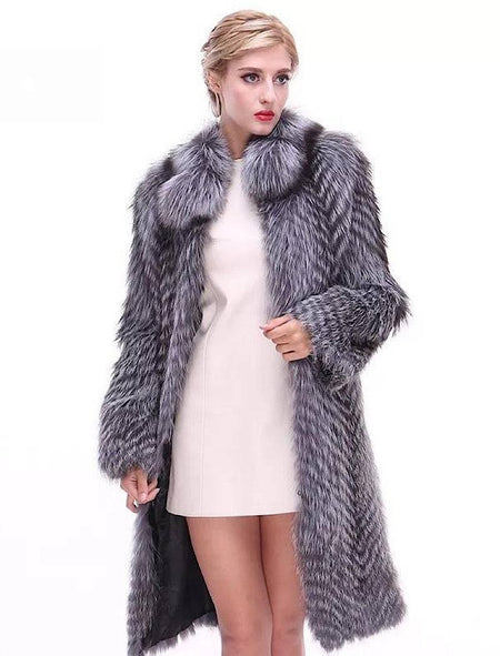 Medium Length Natural Silver Fox Fur Coat Stand Collar Woman