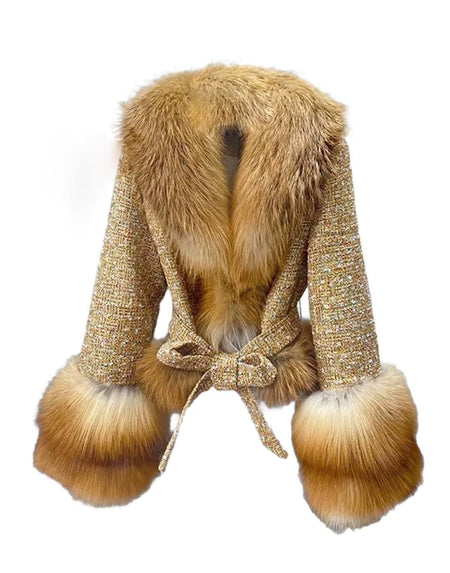 Tweed Fox Fur Trim Belted Wool Coat - BEYAZURA.COM