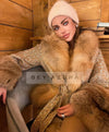 Tweed Fox Fur Trim Belted Wool Coat - BEYAZURA.COM