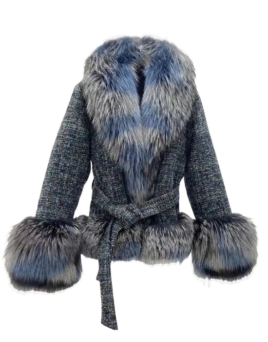 Tweed Fox Fur Trim Belted Wool Coat In Multi Color - BEYAZURA.COM