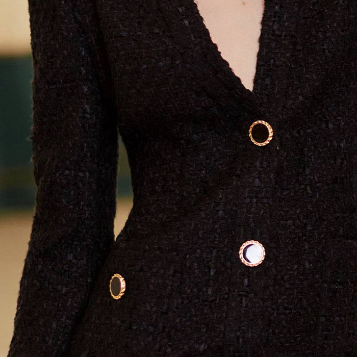 Tweed Gold Buttoned Blazer Dress in Black - BEYAZURA.COM