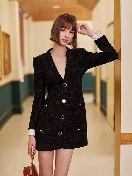 Tweed Gold Buttoned Blazer Dress in Black - BEYAZURA.COM