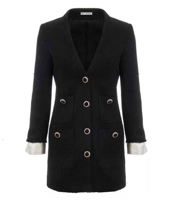 Tweed Gold Buttoned Blazer Dress in Black - BEYAZURA.COM