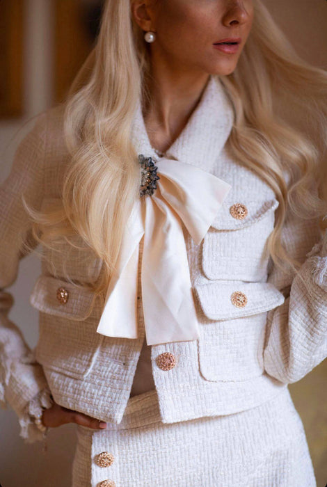 Tweed Jacket With Bow And Skirt Two Piece Set - BEYAZURA.COM