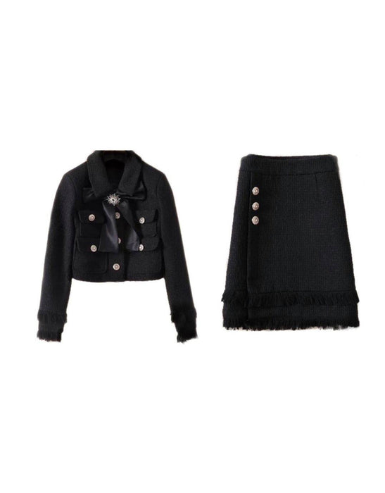 Tweed Jacket With Bow And Skirt Two Piece Set - BEYAZURA.COM