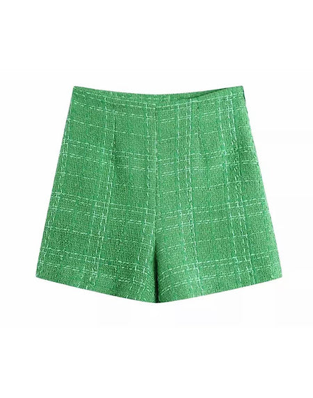 Tweed Knit Shorts In Green - BEYAZURA.COM