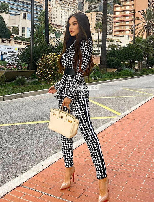 Tweed Pattern Long Sleeve Jacket and Pants Two Piece Set - BEYAZURA.COM