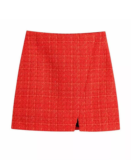 Tweed Patterned Mini Skirt In Red - BEYAZURA.COM