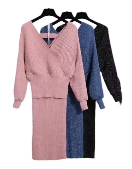 Two Piece Knit Rib Bodycon Midi Dress - BEYAZURA.COM