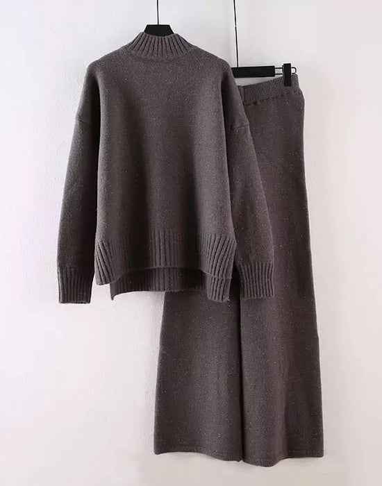 Two Piece Knit Soft Turtleneck Top Pants Set - BEYAZURA.COM