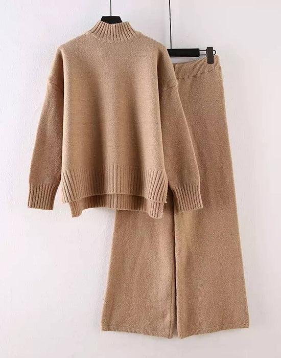 Two Piece Knit Soft Turtleneck Top Pants Set - BEYAZURA.COM