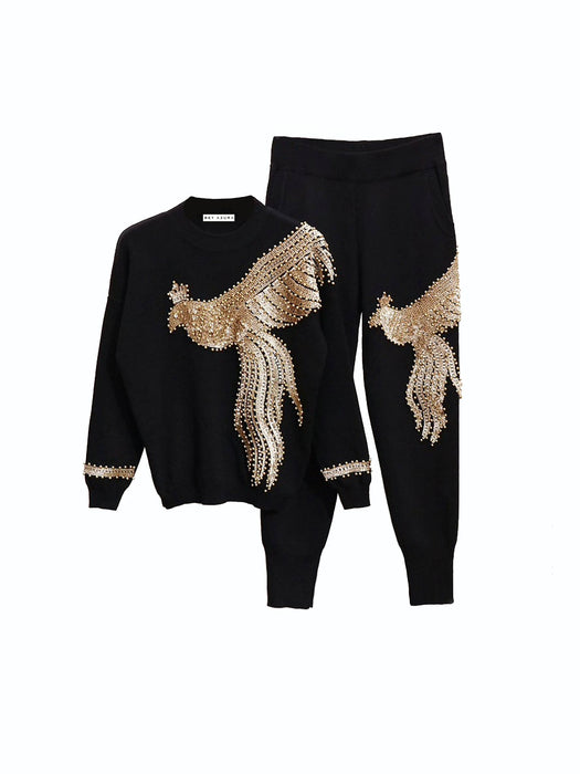 Two Piece Loungewear With Bird Gold Beadings - BEYAZURA.COM