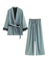 Two Piece Vintage Printed Fringe Trimmed Robe And Cropped Trousers - BEYAZURA.COM