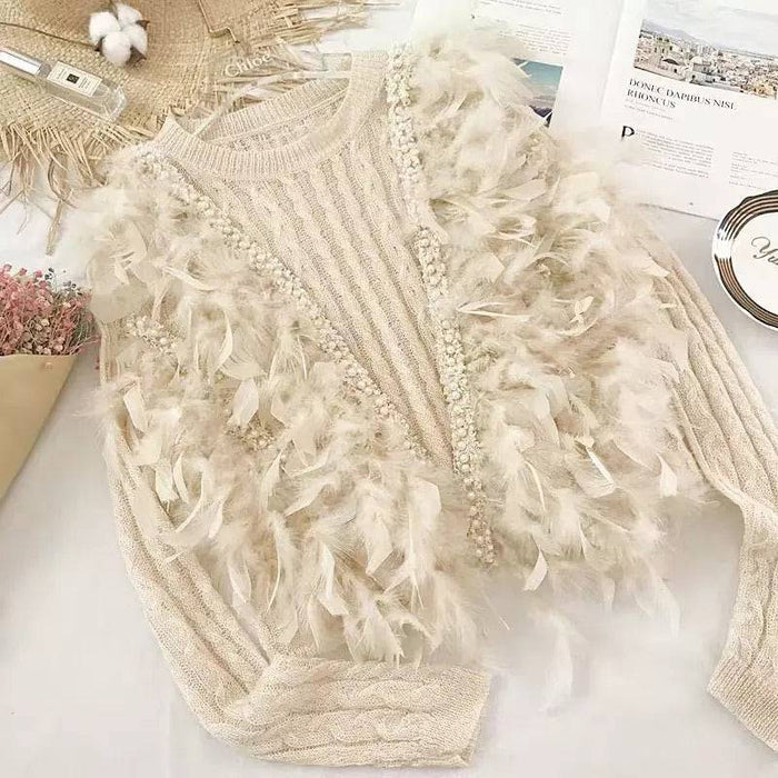 Ultra Glam Feather And Pearl Knit Sweater - BEYAZURA.COM