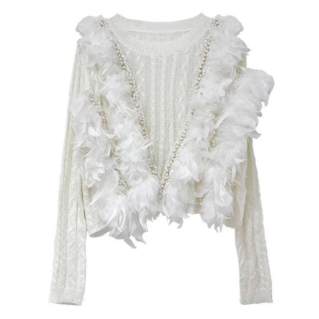 Ultra Glam Feather And Pearl Knit Sweater - BEYAZURA.COM