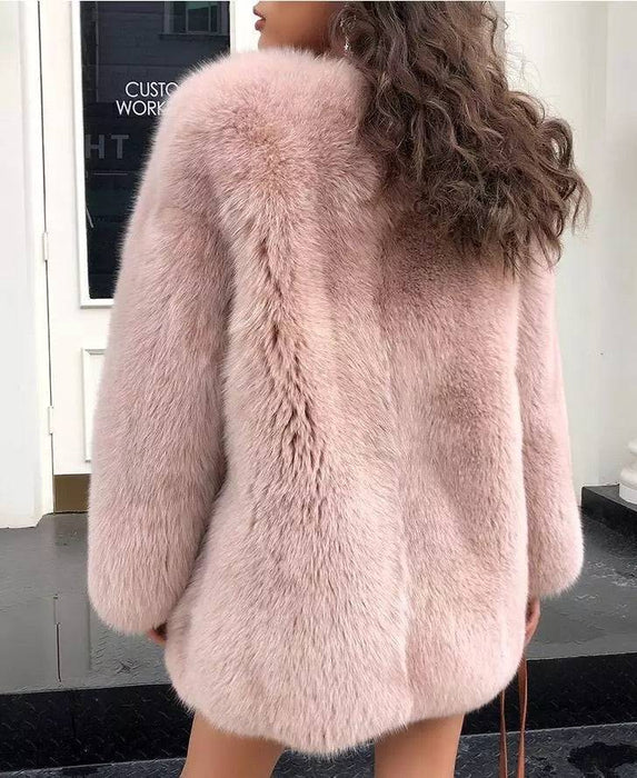 Ultra Plush Mid Length Fox Fur Coat - BEYAZURA.COM