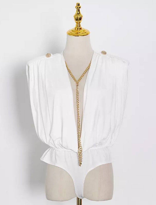 V Neck Sleeveless Chain Buttoned Bodysuit - BEYAZURA.COM