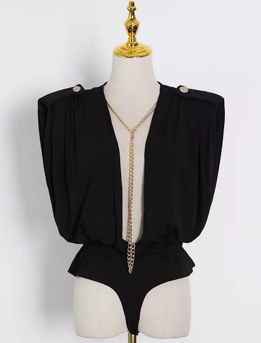 V Neck Sleeveless Chain Buttoned Bodysuit - BEYAZURA.COM