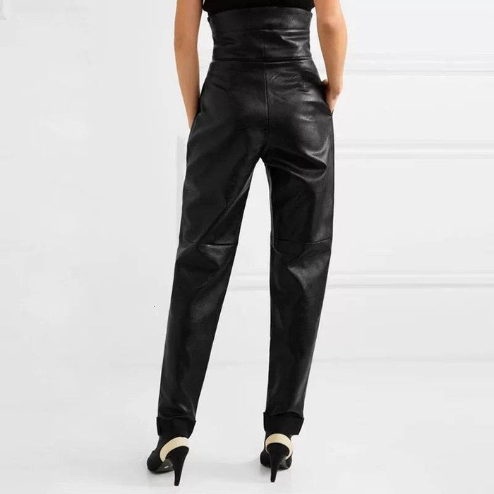 Vegan Leather High Waist Ruched Pants - BEYAZURA.COM