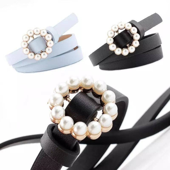 Vegan Leather Mini Round Pearl Golden Buckle - BEYAZURA.COM