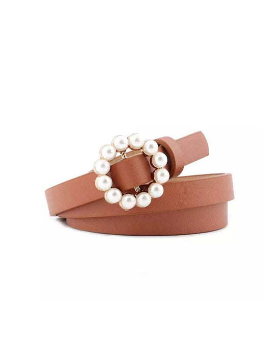 Vegan Leather Mini Round Pearl Golden Buckle - BEYAZURA.COM