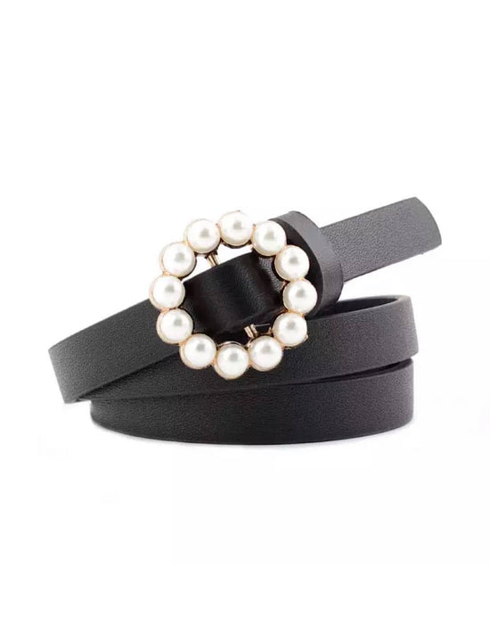 Vegan Leather Mini Round Pearl Golden Buckle - BEYAZURA.COM