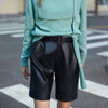 Vegan Leather Ruched Belted Shorts - BEYAZURA.COM