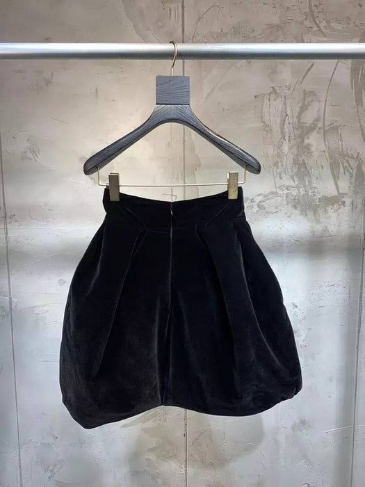 Velour Ruched Above The Knee Skirt in Black - BEYAZURA.COM