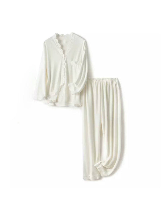 Velvet Lace Trim Long Sleeve Top and Trousers Sleepwear Set - BEYAZURA.COM
