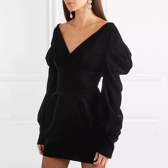 Velvet Puff Sleeve V Neck Crystal Button Mini Dress - BEYAZURA.COM