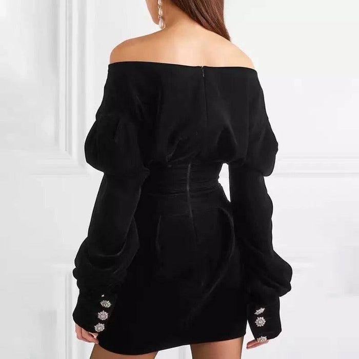 Velvet Puff Sleeve V Neck Crystal Button Mini Dress - BEYAZURA.COM