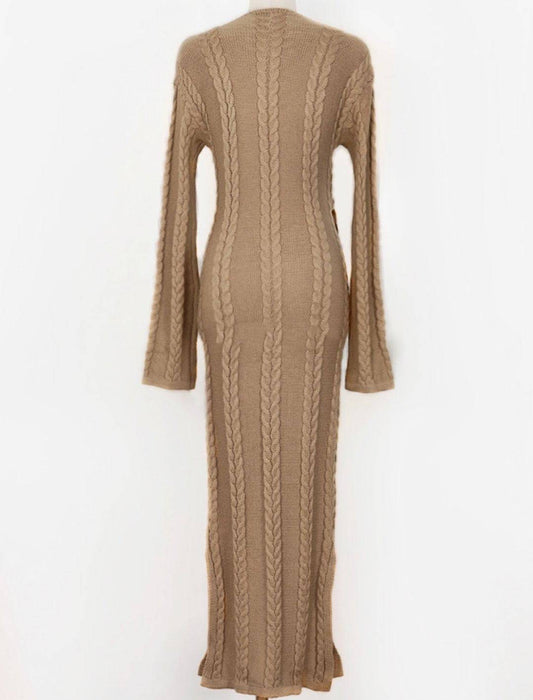 Waist Tied Knit Midi Knit Dress - BEYAZURA.COM