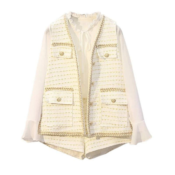 White and Gold Tweed Vest Shorts and Sheer Blouse Three Piece Set - BEYAZURA.COM