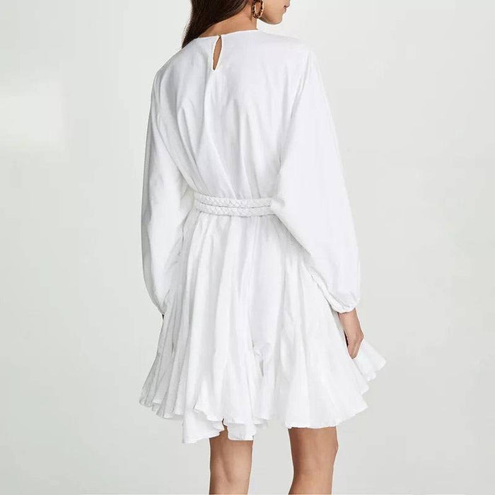 White Big Sleeve Robe Waist Tie Short Dress - BEYAZURA.COM