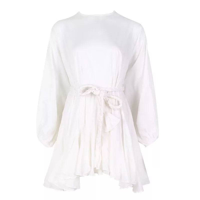 White Big Sleeve Robe Waist Tie Short Dress - BEYAZURA.COM