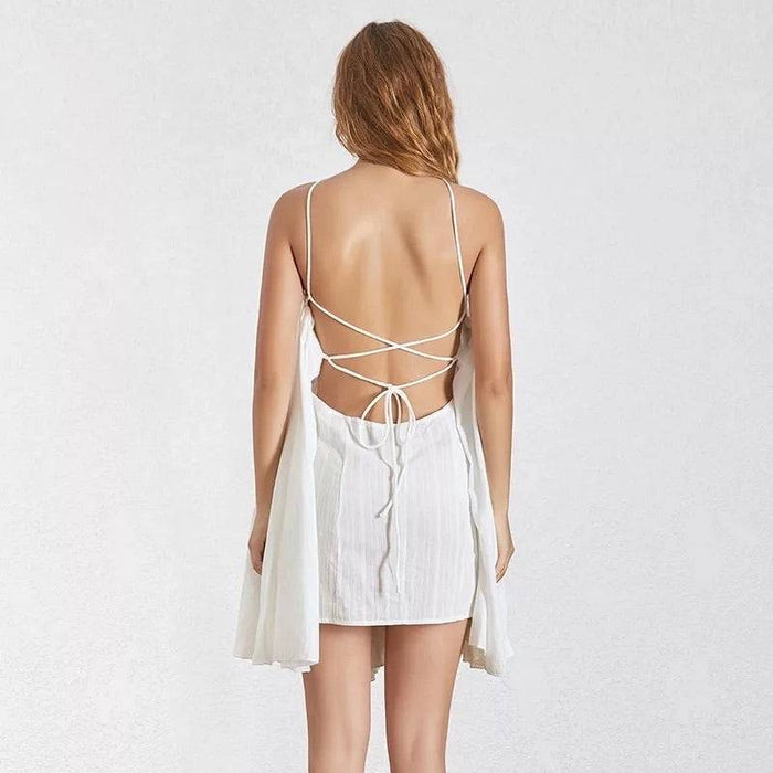 White Flared Short Backless Dress– Beyazura.com
