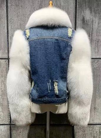 White Fox Fur Trimmed Ripped Denim Jacket - BEYAZURA.COM