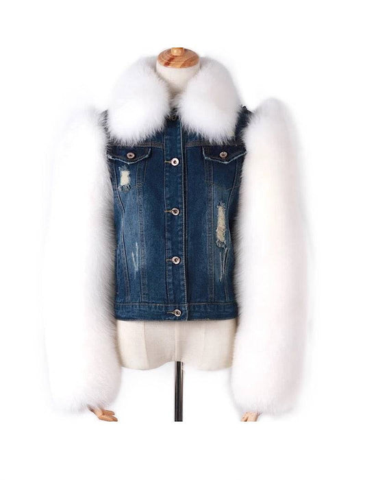 White Fox Fur Trimmed Ripped Denim Jacket - BEYAZURA.COM