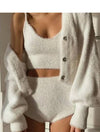 White Fuzzy Cardigan Top and Shorts Three Piece Set - BEYAZURA.COM