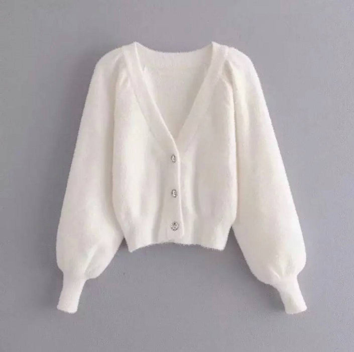 White Fuzzy Cardigan Top and Shorts Three Piece Set - BEYAZURA.COM