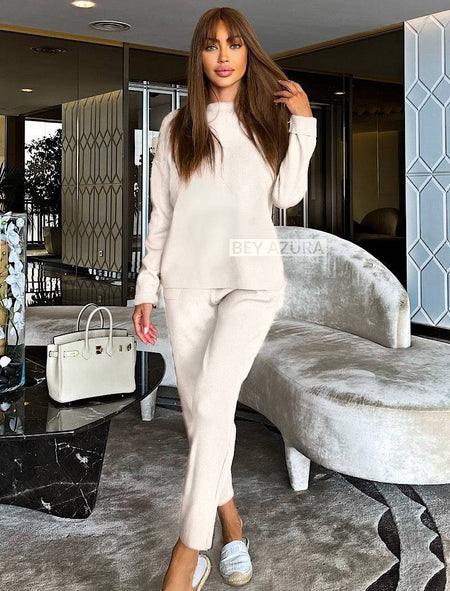 White Knit Long Sleeve Top and Slim Trouser Two Piece Set - BEYAZURA.COM