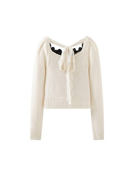 White Long Sleeve Knit Embroidered Top - BEYAZURA.COM