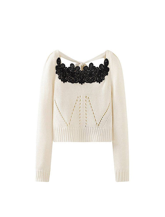 White Long Sleeve Knit Embroidered Top - BEYAZURA.COM