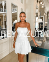 White Ruched Waist Flared Skirt Short Dress - BEYAZURA.COM