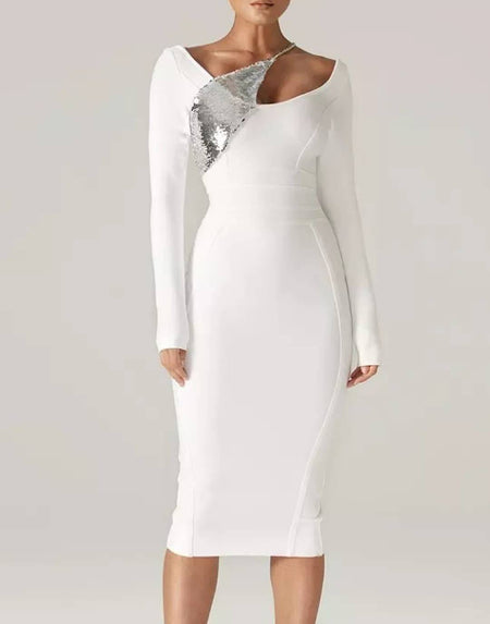 White Sequin Detailed Bandage Midi Dress - BEYAZURA.COM