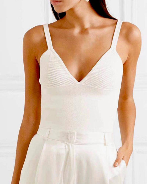 White Slim Strapped Ribbed Knit Cami Top - BEYAZURA.COM