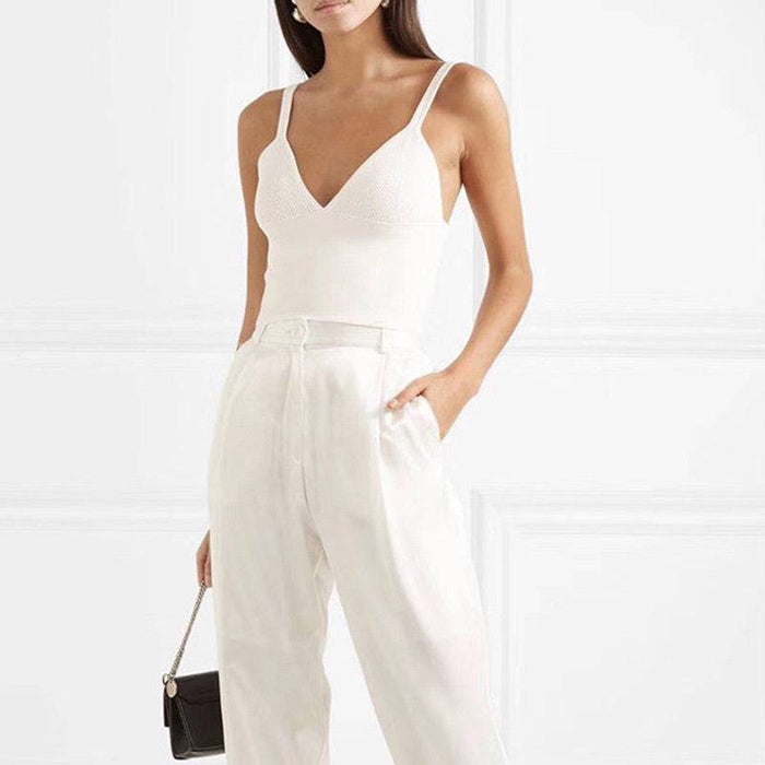 White Slim Strapped Ribbed Knit Cami Top - BEYAZURA.COM