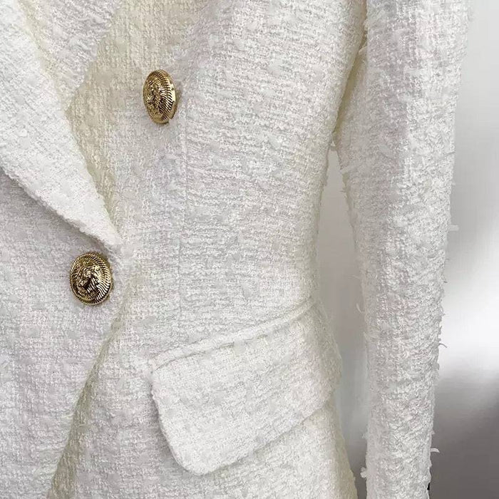 White Tweed Blazer With Decorative Gold Buttons - BEYAZURA.COM