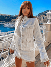 White Tweed High Neck Jacket With Short Skirt Two Piece Set - BEYAZURA.COM