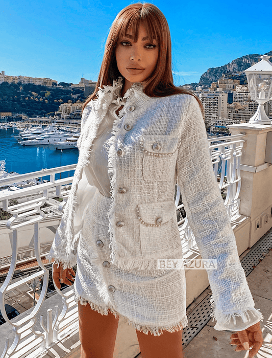 White Tweed High Neck Jacket With Short Skirt Two Piece Set - BEYAZURA.COM